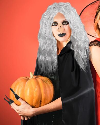 5 Pcs Halloween Witch Costume Old Lady Wig Long Grey Wig Black Cape Witch Nails Nose for Women in Saudi Arabia