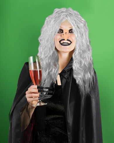 5 Pcs Halloween Witch Costume Old Lady Wig Long Grey Wig Black Cape Witch Nails Nose for Women in Saudi Arabia