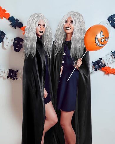 5 Pcs Halloween Witch Costume Old Lady Wig Long Grey Wig Black Cape Witch Nails Nose for Women in Saudi Arabia