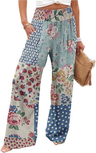 MakeMeChic Women's Casual Patchwork Floral Pants Elastic Waisted Wide Leg Beach Boho Trousers in Kuwait