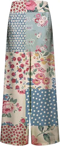 MakeMeChic Women's Casual Patchwork Floral Pants Elastic Waisted Wide Leg Beach Boho Trousers in Kuwait