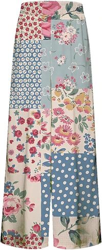 MakeMeChic Women's Casual Patchwork Floral Pants Elastic Waisted Wide Leg Beach Boho Trousers in Kuwait