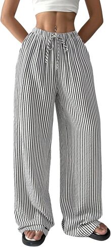 بنطال Verdusa النسائي المخطط من الكتان بأرجل مستقيمة كاجوال مع جيوب in Kuwait