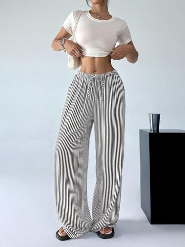 بنطال Verdusa النسائي المخطط من الكتان بأرجل مستقيمة كاجوال مع جيوب in Kuwait