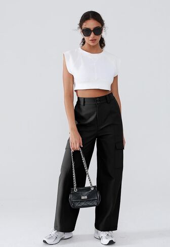 Women's High Waist Cargo Pants Water-Resistant Fabric Hiking Pants Elastic Waistband Patchwork Tailoring Slim-fit in Saudi Arabia