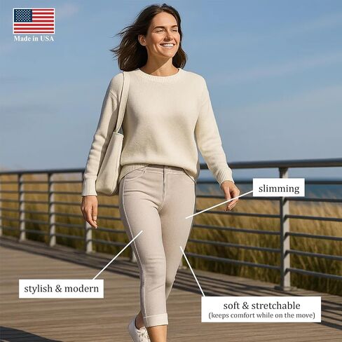 iCantoo/Sun Moda Knit Denim Slim Leg Cuffed Capri Made in USA in Saudi Arabia