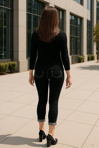 iCantoo/Sun Moda Knit Denim Slim Leg Cuffed Capri Made in USA in Saudi Arabia