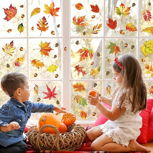 9 Sheets Fall Window Clings Thanksgiving Maple Leaves Cling Autumn Pine Cones Window Decals Autumn Maple Leaf Stickers for Fall Thanksgiving Home Classroom Office Glass Party Decor in Saudi Arabia