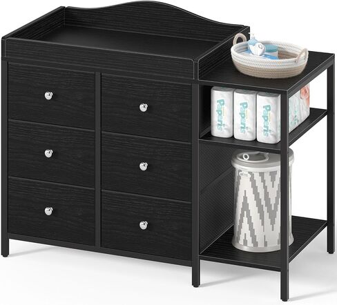 BOLUO Baby Dresser with Changing Table Top, White Changing Table Dresser with 6 Fabric Drawers Diaper Changing Station with Storage Shelf for Nursery Modern in Kuwait