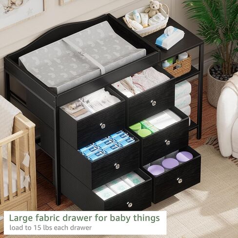 BOLUO Baby Dresser with Changing Table Top, White Changing Table Dresser with 6 Fabric Drawers Diaper Changing Station with Storage Shelf for Nursery Modern in Kuwait