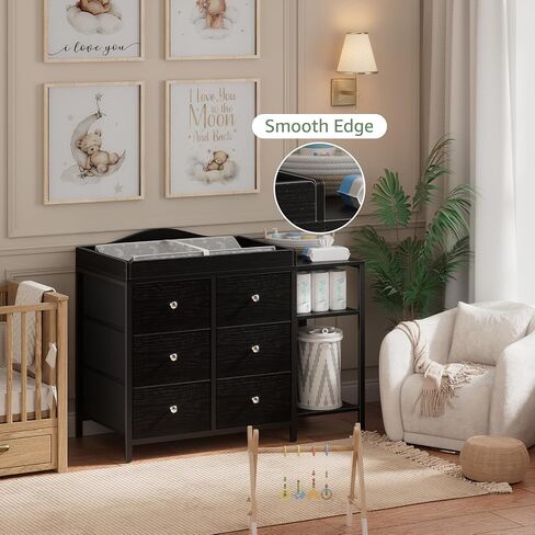 BOLUO Baby Dresser with Changing Table Top, White Changing Table Dresser with 6 Fabric Drawers Diaper Changing Station with Storage Shelf for Nursery Modern in Kuwait