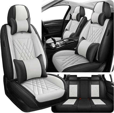 Car Seat Covers Fit for Hyundai Kona 2018-2024, 3D Waist Support & Premium Nappa Leather,Waterproof,Scratch-Resistant(Black Off-White, Full Set with Pillow) in Saudi Arabia