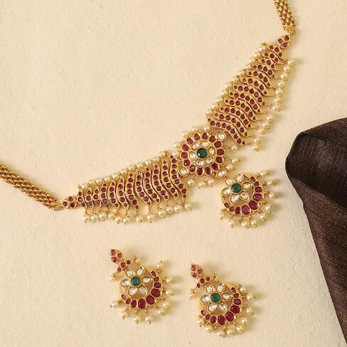 TARINIKA Brass Sreeja Antique Nakshi Choker Necklace Set with Temple Design - Indian Choker Necklace for Women | Perfect for Ethnic occasions | Indian Jewelry Sets for Women in Kuwait