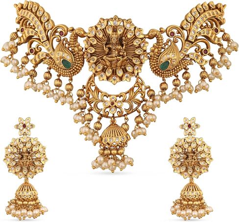 TARINIKA Brass Sreeja Antique Nakshi Choker Necklace Set with Temple Design - Indian Choker Necklace for Women | Perfect for Ethnic occasions | Indian Jewelry Sets for Women in Kuwait