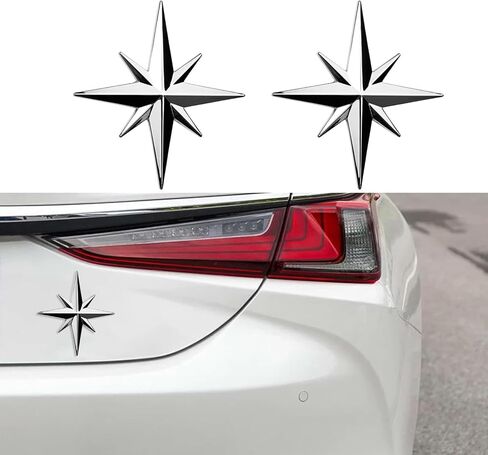 2Pcs 3D Chrome Metal Compass Octagonal Star Car Emblem, Trunk Badge Decal Sticker, Metal Vehicle Body Badge Emblem Decal, Anti-Scratch Automotive Exterior Bumper Sticker for Cars Bike Motorcycle Decor in Saudi Arabia