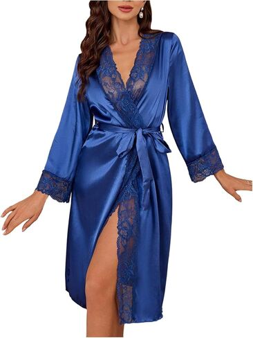 OYOANGLE Womens Silk Robe Long Lace Trim Satin Kimono Sleeve Sexy Soft Lightweight Vacation Sleepwear Robe in Saudi Arabia