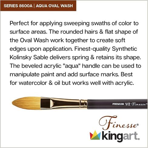 فرشاة فنان من سلسلة KINGART Premium Finesse 8750-1 1/2 Sky Wash، شعر السمور الاصطناعي من Kolinsky، مقبض قصير، للألوان المائية والدهانات الزيتية، مقاس 1 1/2 بوصة in Saudi Arabia