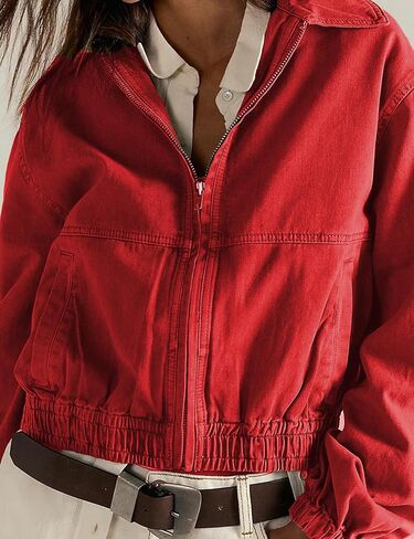 Zontroldy Women's Collared Long Sleeve Cropped Track Jacket Zip Up Shirts Jackets Utility Anorak Coat with Pockets in Kuwait