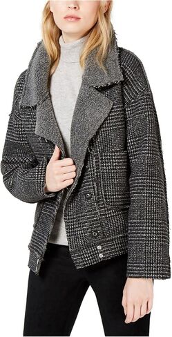 Womens Plaid Moto Fleece Jacket, Grey, Large in Saudi Arabia