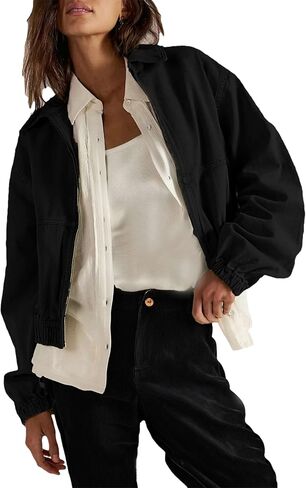 Zontroldy Women's Collared Long Sleeve Cropped Track Jacket Zip Up Shirts Jackets Utility Anorak Coat with Pockets in Kuwait