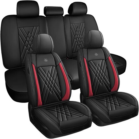 Car Seat Covers Fit for Nissan Maxima 1999-2023, 3D Waist Support & Premium Nappa Leather, Waterproof, Scratch-Resistant(Black Red, Full Set) in Kuwait