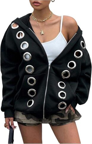 MakeMeChic Women's Punk Zip Up Sweatshirt Grommet Eyelet Long Sleeve Hoodies Y2K Outfits in Saudi Arabia