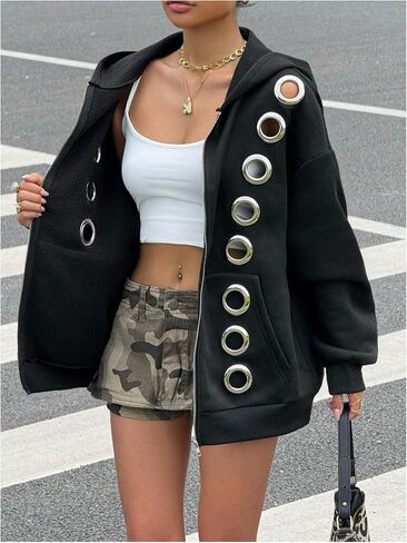 MakeMeChic Women's Punk Zip Up Sweatshirt Grommet Eyelet Long Sleeve Hoodies Y2K Outfits in Saudi Arabia