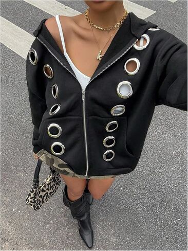 MakeMeChic Women's Punk Zip Up Sweatshirt Grommet Eyelet Long Sleeve Hoodies Y2K Outfits in Saudi Arabia