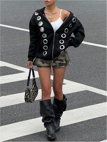 MakeMeChic Women's Punk Zip Up Sweatshirt Grommet Eyelet Long Sleeve Hoodies Y2K Outfits in Saudi Arabia