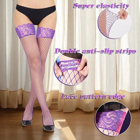 2Pairs Fishnet Thigh High Stocking for Women Silicone Lace Top Sheer Over Knee Silky Stockings in Saudi Arabia