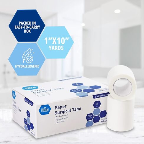 MED Pride Paper Surgical Tape 1" x 10 Yards for Wound Dressing [Pack of 12] - Latex-Free & Hypoallergenic Medical Tape Suitable for Sensitive Skin- Hospital-Grade, Breathable Wound Care Paper Tape in Kuwait