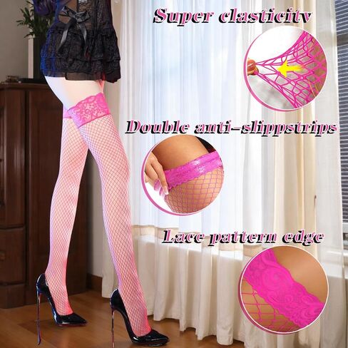 2Pairs Fishnet Thigh High Stocking for Women Silicone Lace Top Sheer Over Knee Silky Stockings in Saudi Arabia