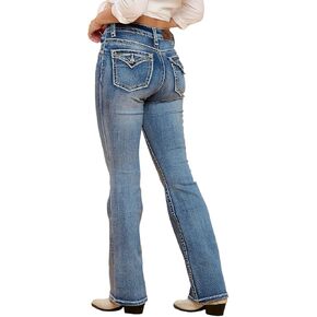 High Waisted-Rise Bootcut Flare Jeans - Curvy Women’s Stretchy Embroidered Feather Denim in Saudi Arabia