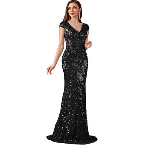 فستان سهرة نسائي طويل مزين بالترتر لامع بأكمام قصيرة ورقبة على شكل حرف V فستان سهرة حورية البحر للحفلات أو كضيف زفاف in Kuwait