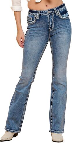 High Waisted-Rise Bootcut Flare Jeans - Curvy Women’s Stretchy Embroidered Feather Denim in Saudi Arabia