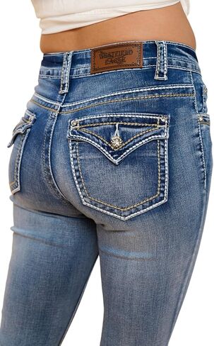 High Waisted-Rise Bootcut Flare Jeans - Curvy Women’s Stretchy Embroidered Feather Denim in Saudi Arabia