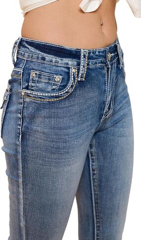 High Waisted-Rise Bootcut Flare Jeans - Curvy Women’s Stretchy Embroidered Feather Denim in Saudi Arabia