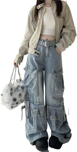 Unisex Multi-Pocket Baggy Jeans Street Cargo Y2k Harajuku Wide Leg Loose Casual Hiphop Grunge Denim Goth Pants in Kuwait