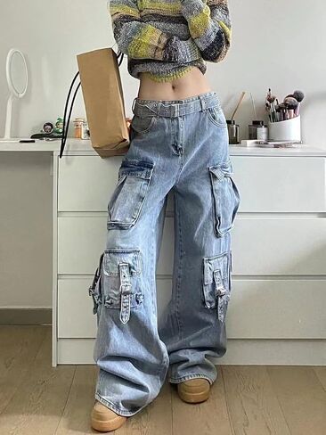 Unisex Multi-Pocket Baggy Jeans Street Cargo Y2k Harajuku Wide Leg Loose Casual Hiphop Grunge Denim Goth Pants in Kuwait