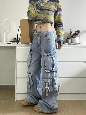Unisex Multi-Pocket Baggy Jeans Street Cargo Y2k Harajuku Wide Leg Loose Casual Hiphop Grunge Denim Goth Pants in Kuwait