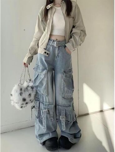 Unisex Multi-Pocket Baggy Jeans Street Cargo Y2k Harajuku Wide Leg Loose Casual Hiphop Grunge Denim Goth Pants in Kuwait