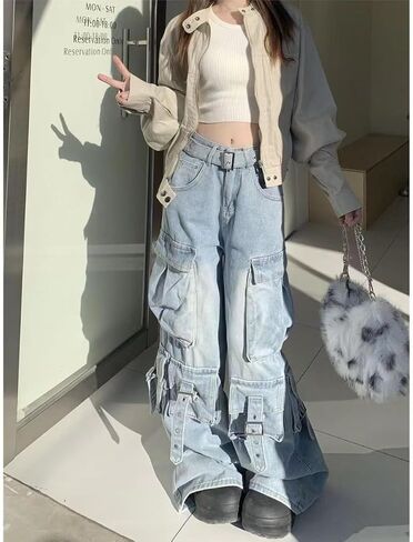 Unisex Multi-Pocket Baggy Jeans Street Cargo Y2k Harajuku Wide Leg Loose Casual Hiphop Grunge Denim Goth Pants in Kuwait