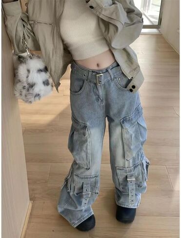 Unisex Multi-Pocket Baggy Jeans Street Cargo Y2k Harajuku Wide Leg Loose Casual Hiphop Grunge Denim Goth Pants in Kuwait