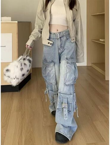 Unisex Multi-Pocket Baggy Jeans Street Cargo Y2k Harajuku Wide Leg Loose Casual Hiphop Grunge Denim Goth Pants in Kuwait