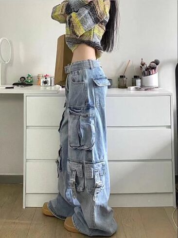 Unisex Multi-Pocket Baggy Jeans Street Cargo Y2k Harajuku Wide Leg Loose Casual Hiphop Grunge Denim Goth Pants in Kuwait
