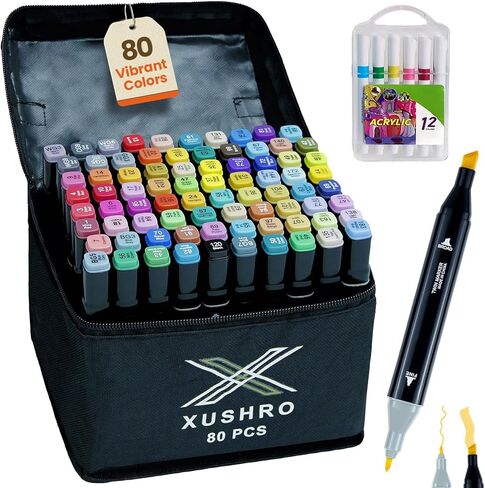 80 Colors Alcohol Markers Set, Dual Tip Markers for Adult Coloring, Drawing Markers, Artist Markers, Coloring Markers for Adults, Adult Coloring Book Markers with Organizing Case + 12 Acrylic Pens in Saudi Arabia