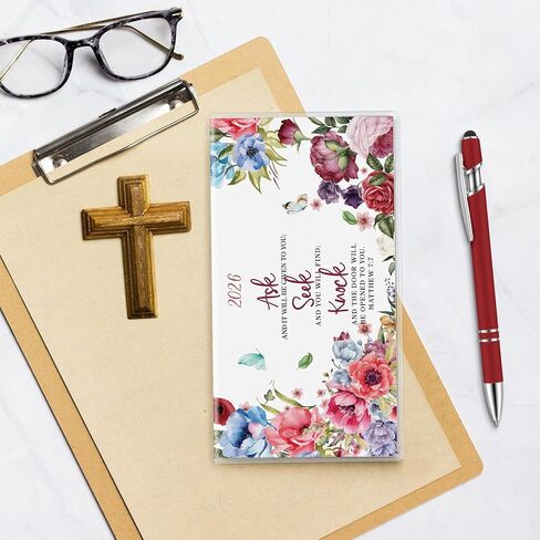 Gueevin 2025 Pocket Calendar for Purse with Pen Small Pocket Planner Handy Weekly Monthly Planner Journal Writing Notebook Christmas New Year Gift Sister Friend Women(Orange Red,Embroidery Floral) in Kuwait