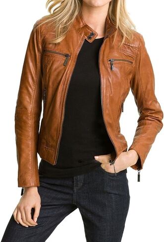 Women's Tan Brown Slim Fit Real Lambskin Leather Jacket in Saudi Arabia