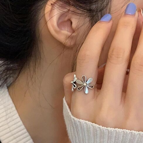 Daisy Flower 925 Sterling Silver Plated Adjustable Ring for Women | Expandable Wedding Statement Ring | Comfortable Dainty Engagement and Birthday Jewelry in Saudi Arabia