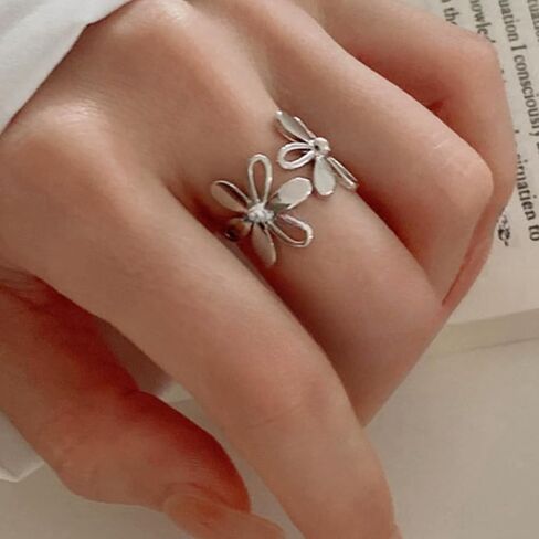 Daisy Flower 925 Sterling Silver Plated Adjustable Ring for Women | Expandable Wedding Statement Ring | Comfortable Dainty Engagement and Birthday Jewelry in Saudi Arabia
